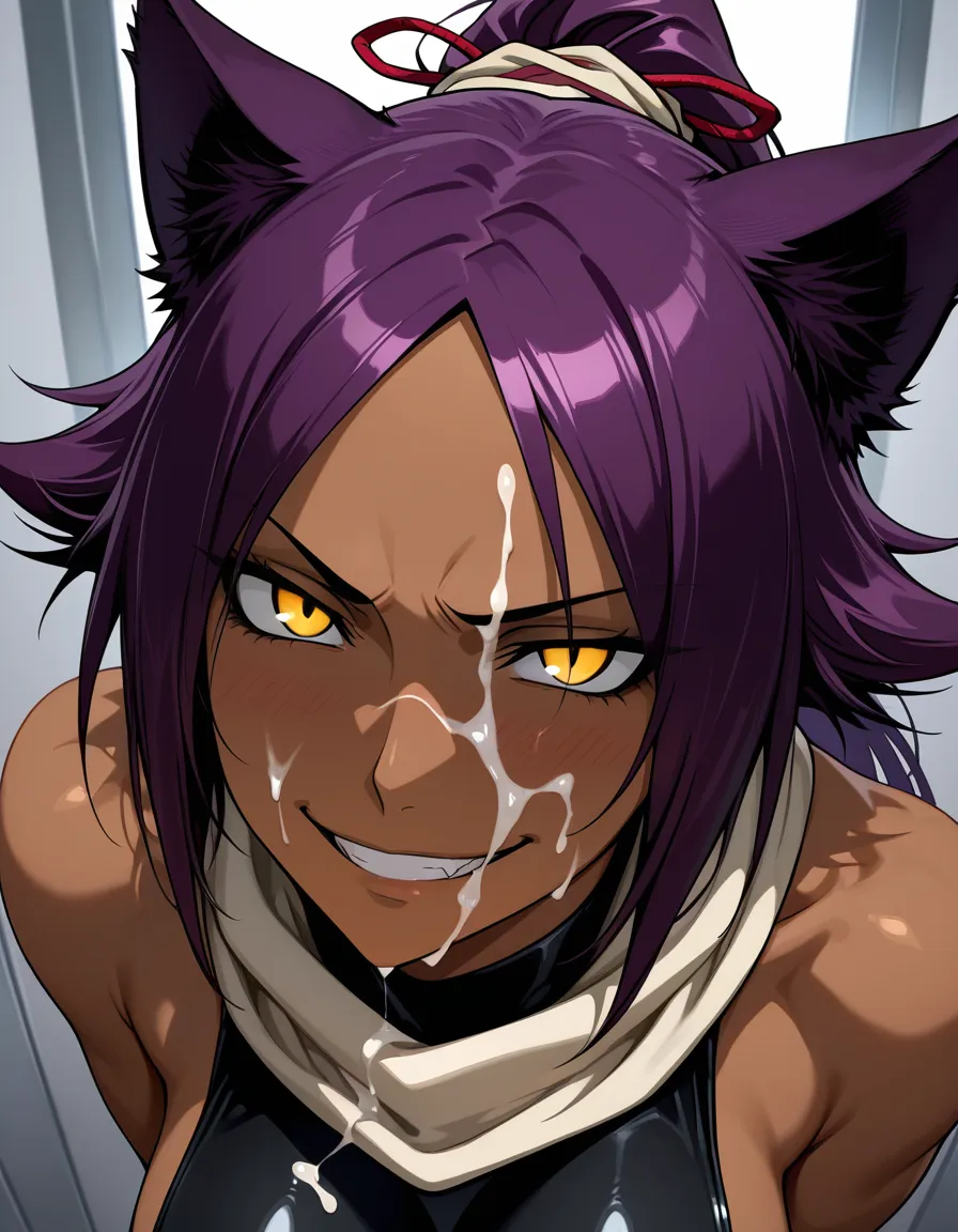@shihouin_yoruichi, cat_ears, looking_at_viewer, cum_on_face, evil_smile, hentai_studio_quality, hentai_studio_quality