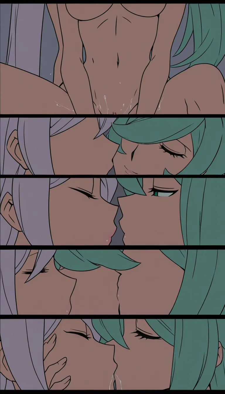 Rouge the Bat x Valentine from Skullgirls, yuri, couple, kiss, pussy juice, nude, silent comic, hug_from_behind, (anime style:1.3), 2d, anime screencap, cel shading, flat color