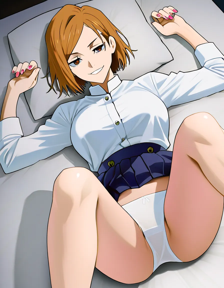 Nobara Kugisaki from the anime Jujutsu Kaisen: She’s wearing her uniform and is lying on a bed. Her arms are extended up, and a nail is shown as going through each sleeve, pinning her down. Her skirt is riding up, exposing her white panties. Her hammer is on her left side. Nobara has a smirk on her face., (anime style:1.3), 2d, anime screencap, cel shading, flat color, @00osamio00