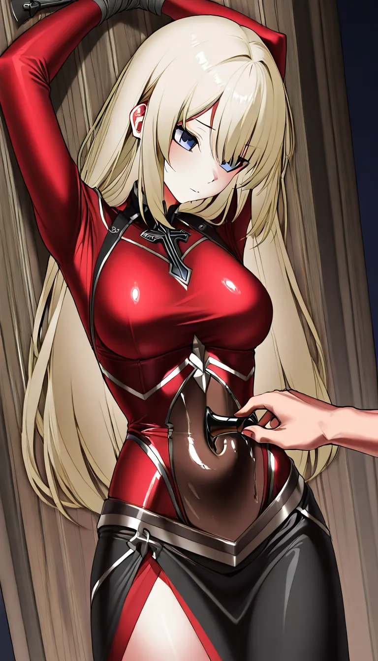A detailed, intimate composition focusing on the softness and vulnerability of a woman's lower belly. She is bound to a massive wooden cross, wearing a red satin outfit with a half-fallen skirt. A man’s hand is captured in motion, applying rich, glistening oil to her supple, curved abdomen. The skin is depicted with hyper-realism: a slight tremor, the softness of the belly pressing against his palm, and the glossy sheen of the oil. Her posture is one of apprehensive resistance, her stomach expanding with a deep, shaky breath as she tries to recoil. 8k resolution, tactile textures, soft shadows, dramatic chiaroscuro lighting. Shot on an ARRI Alexa LF with a 35mm prime lens and f/4.