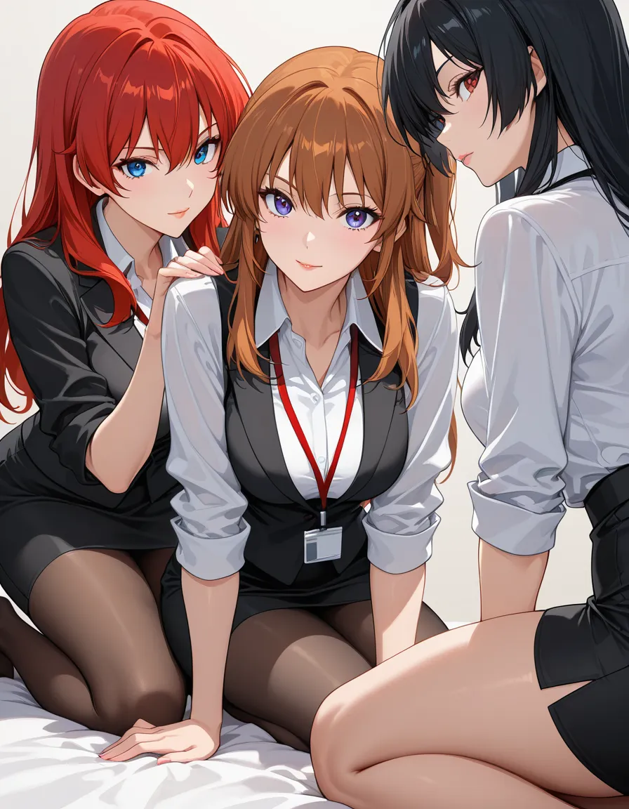 highres, vivid, 3girls, lips, office wear, kneeling on bed, simple background, vivid anime colors, hentai_studio_quality