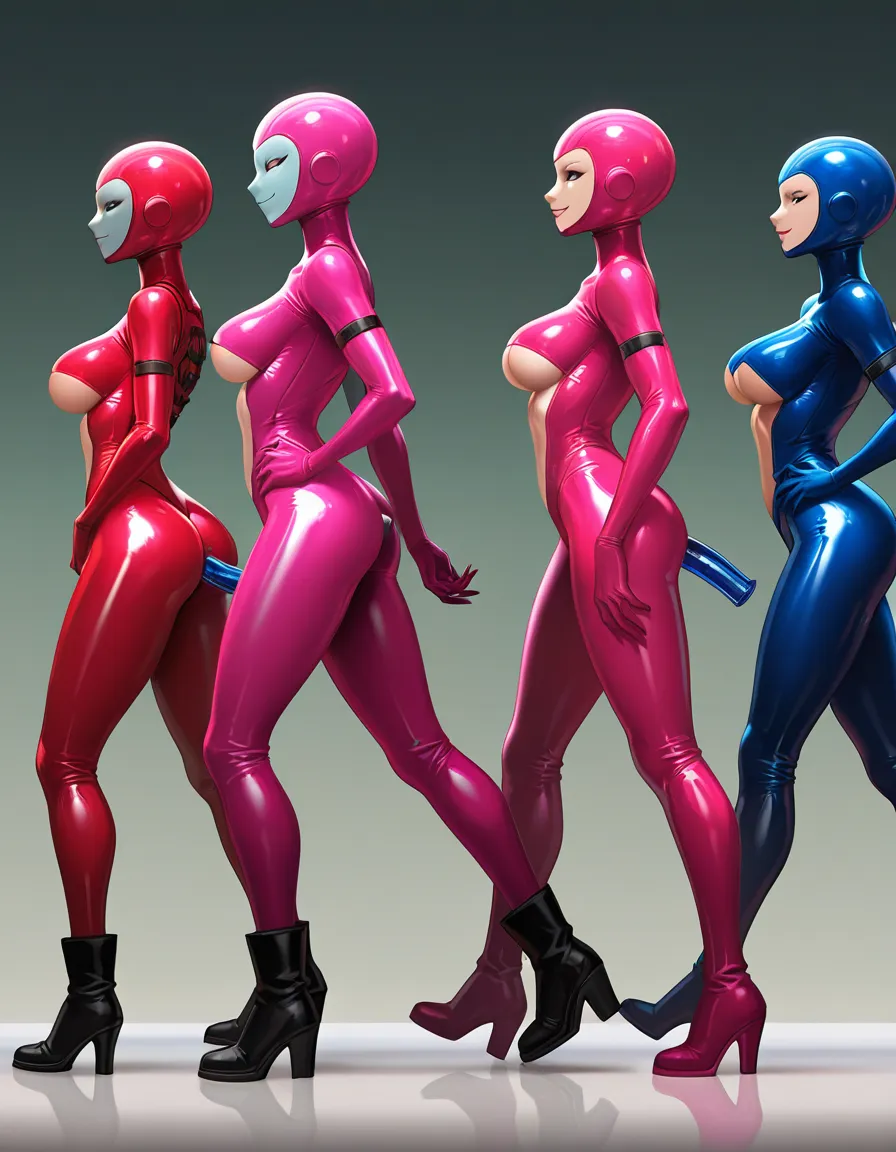 8k, sharp focus, detailed skin, 4girls, underboob, boots, presenting, simple background, side view, simple background, mysterious vibe, @makise_kurisu, RAW photo, latex_pink_suit, walking, smile, anal_object_insertion, hentai_studio_quality