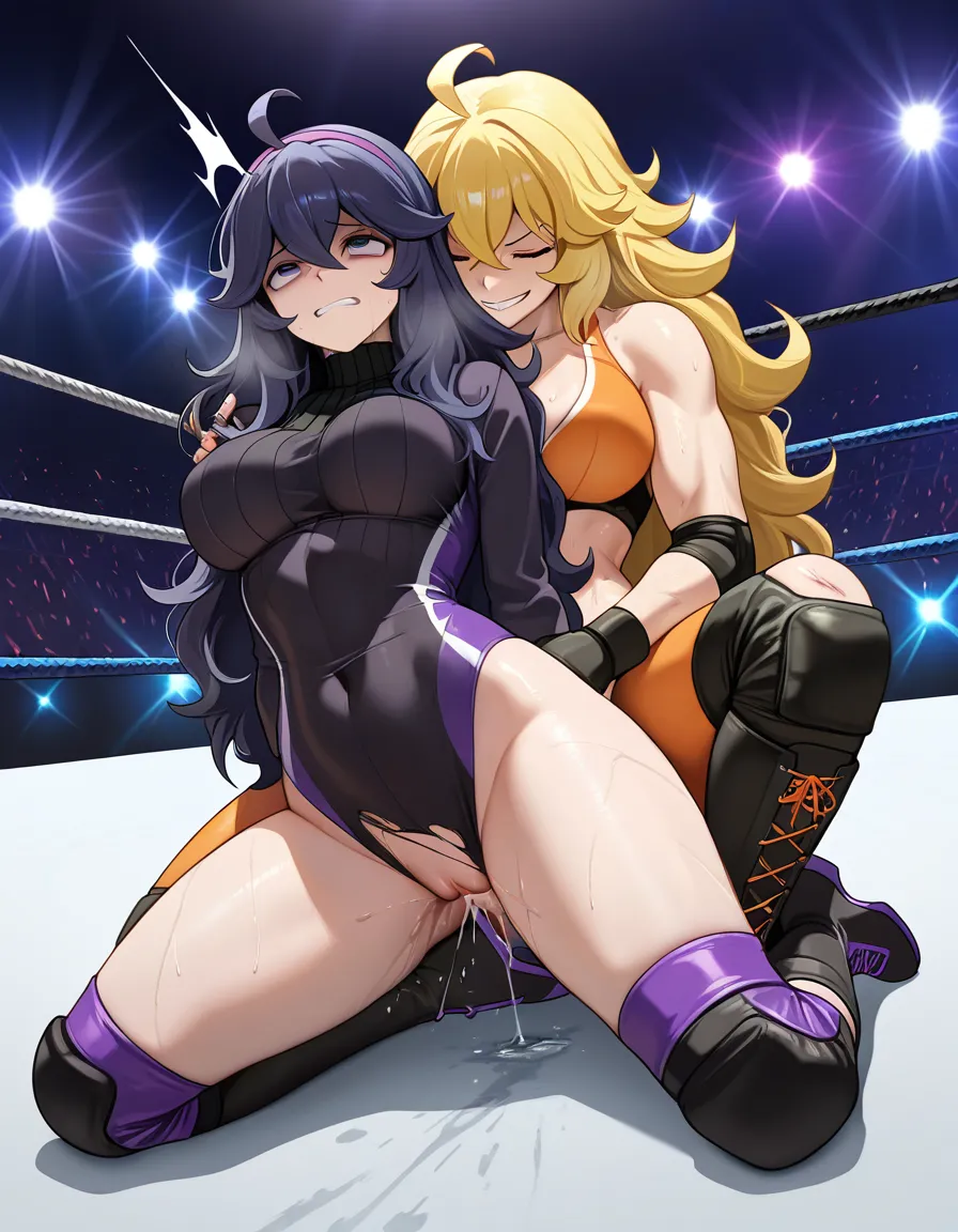 2girls , @hex_maniac_(pokemon) , yang_xiao_long blonde_hair ,, wrestling , wrestling_ring , strapon , orgasm , pussy_juice , defeated, yuri , sex, , torn_clothes, hentai_studio_quality, hentai_studio_quality