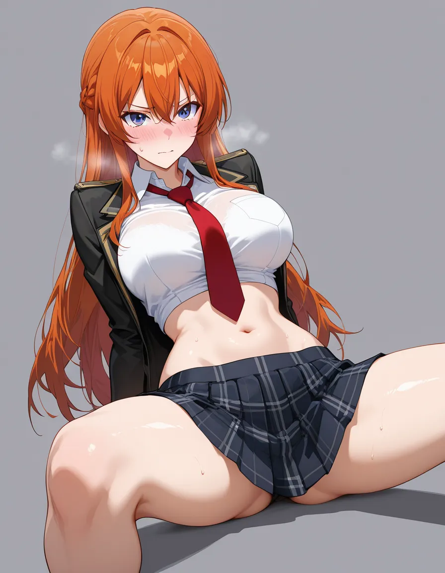 highres, vivid, couple, midriff, necktie, presenting, grey background, submissive blush, eroge aesthetic, hentai_studio_quality