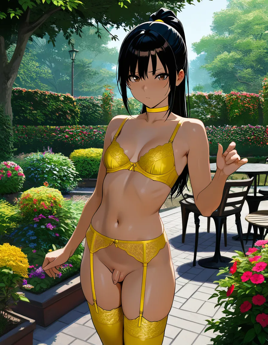 ((COMICBOOK STYLE)), masterpiece, best quality, amazing quality, very awa,
BREAK outdoors, garden, garden furniture,
BREAK Japanese crossdresser, small penis, flaccid, ((foreskin,)) long hair, black hair, ponytail, brown eyes, yellow bra, yellow thigh highs, yellow garter belt, yellow choker, naked, sexy, presenting her asshole, anus, cum_on_breasts cum_in_pussy cum_on_body cum, hentai_studio_quality
