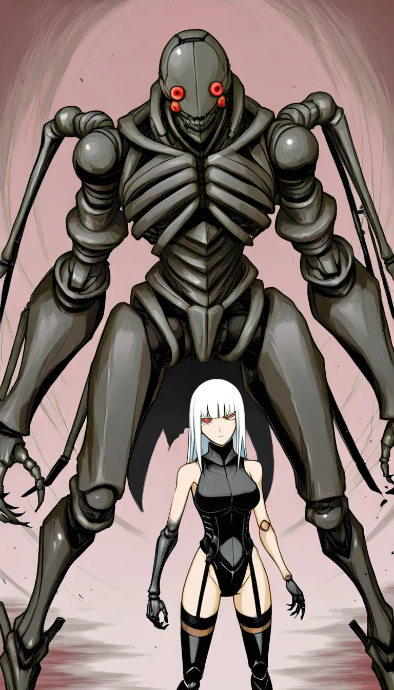 manga panel look, cibo_(blame!), tsutomu_nihei style, blame!, hime_cut, platinum blonde hair, black mechanical_arms, solid detailed mechanical_legs, doll joints, cyborg woman, giant boobs, sleeveless highleg leotard, backless_outfit, thighhighs, garter_straps, standing, facing_viewer, carrying giant long sci-fi device, cluttered style, wires, ultra detailed, masterpiece, cyberpunk, full_body, zoom_layer, colored character art foreground, greyscale background, ultra detailed background, decaying megascale Victorian architecture in background,, (anime style:1.3), 2d, anime screencap, cel shading, flat color, @00osamio00