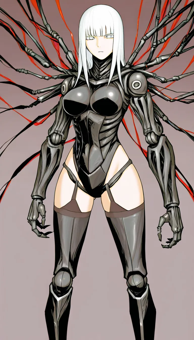 manga panel look, cibo_(blame!), tsutomu_nihei style, blame!, hime_cut, platinum blonde hair, black mechanical_arms, solid detailed mechanical_legs, doll joints, cyborg woman, giant boobs, sleeveless highleg leotard, backless_outfit, thighhighs, garter_straps, standing, facing_viewer, carrying giant long sci-fi device, cluttered style, wires, ultra detailed, masterpiece, cyberpunk, full_body, zoom_layer, ultra detailed background, decaying megastructure Victorian architecture in background, concrete., hentai_studio_quality