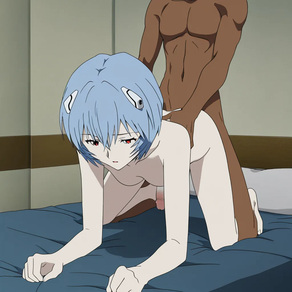@ayanami_rei, futanari, white_skin, completely_nude, on_bed, from_behind, all_fours, interracial, 1boy, imminent_penetration, (anime style:1.3), 2d, anime screencap, cel shading, flat color, @00osamio00