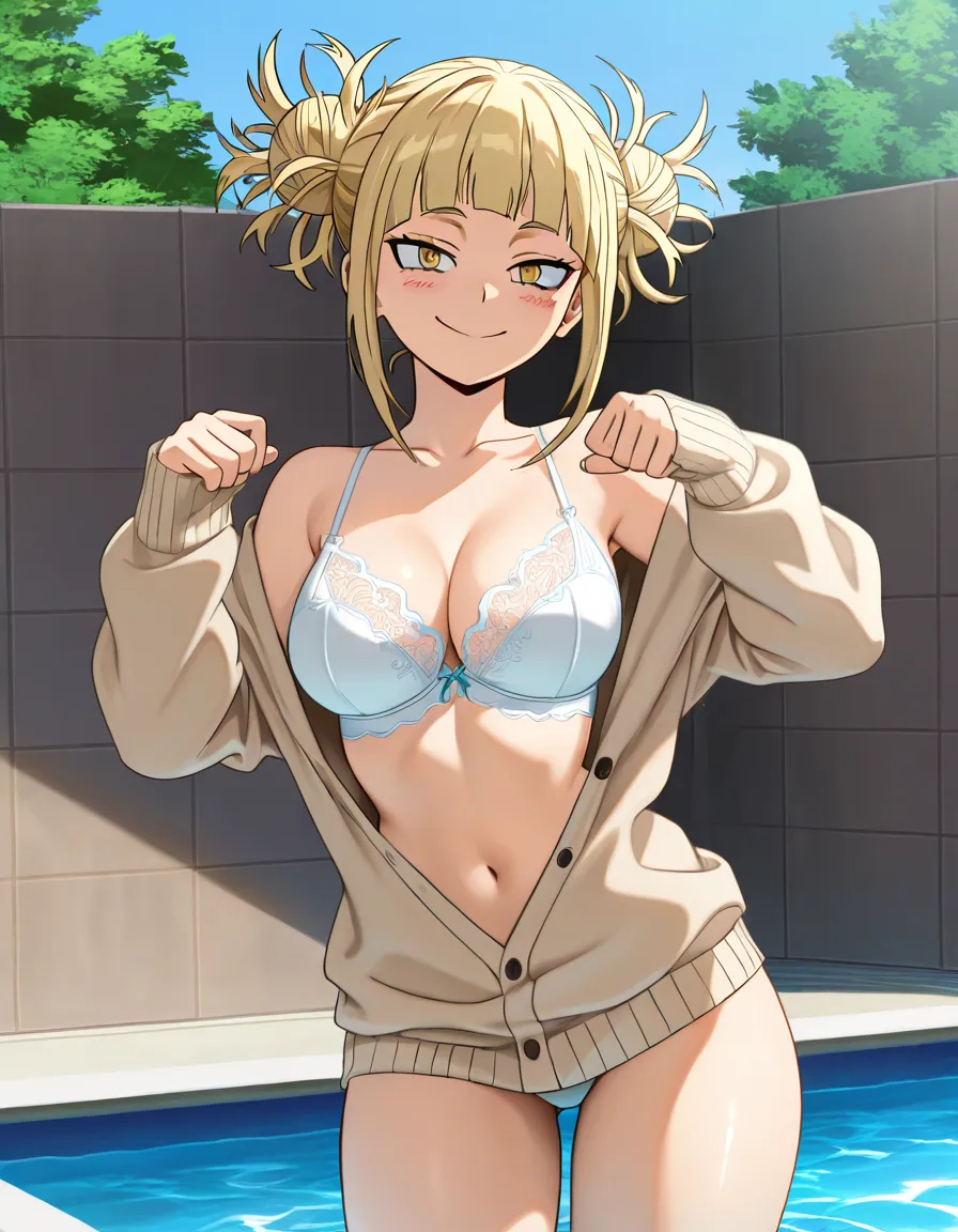 solo, 1girl, only one character, Himiko Toga from My Hero Academia, blonde hair in two messy buns, yellow eyes, cute playful smile, standing at the edge of a swimming pool, doing a sexy pose, wearing a  Lingerie., with her beige cardigan over it, water background, sunny day, anime style, masterpiece, best quality, (anime style:1.3), 2d, anime screencap, cel shading, flat color, @00osamio00