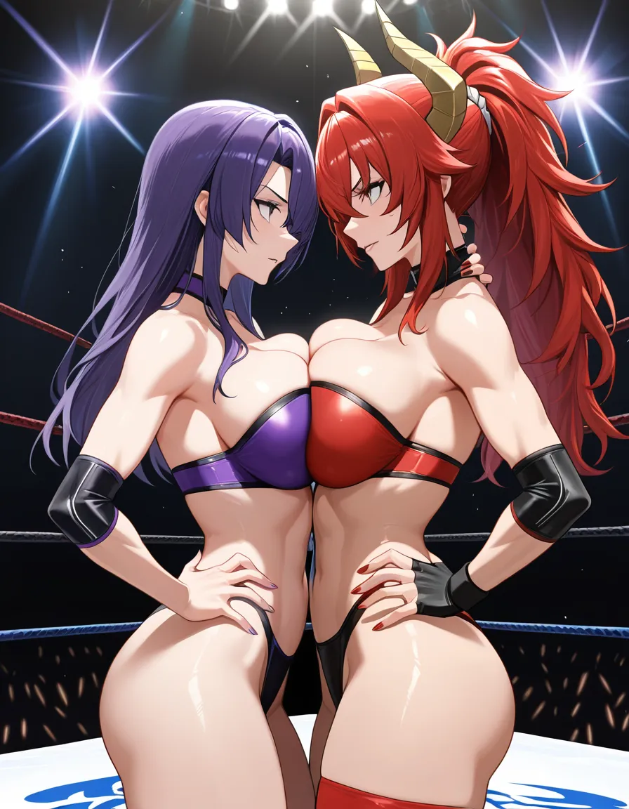 2girls , Best_quality, ultra_detailed, @zentreya_(vtuber) , @matsumoto_rangiku yuri sex ,wrestling_ring wrestling , eye_contact breast_press from_side, standing, hentai_studio_quality
