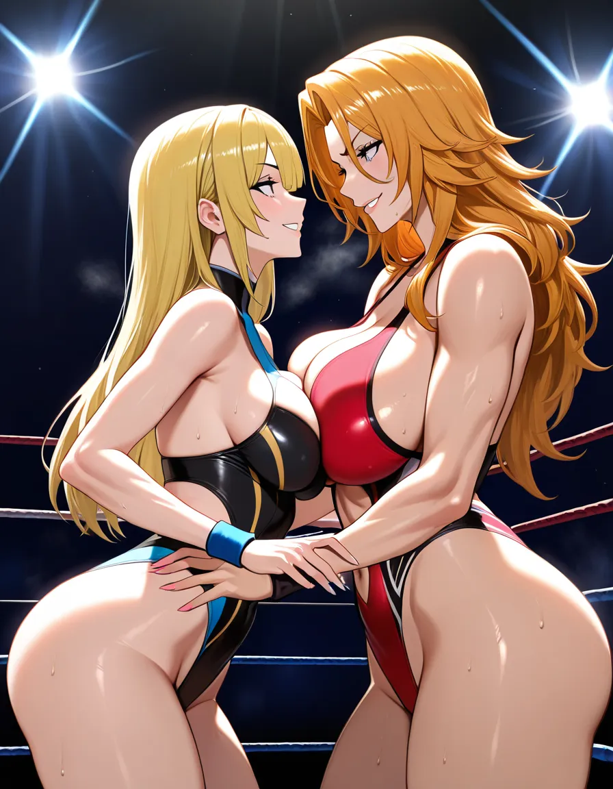 2girls , Best_quality, ultra_detailed, @zentreya_(vtuber) , @matsumoto_rangiku , yuri sex ,wrestling_ring wrestling , eye_contact breast_press from_side, standing, cocky_smile, hentai_studio_quality