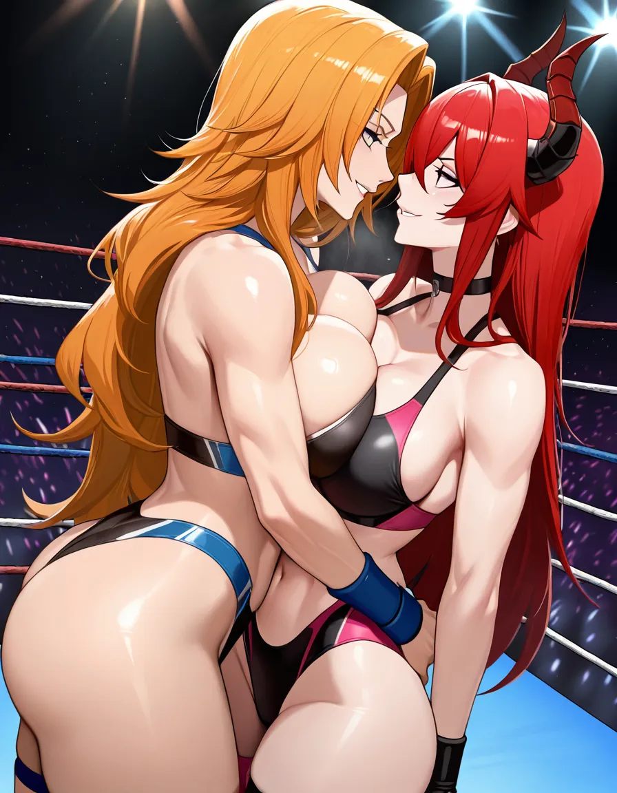 2girls , Best_quality, ultra_detailed, @zentreya_(vtuber)-red_hair-dragon_horns , @matsumoto_rangiku , yuri sex ,wrestling_ring wrestling , eye_contact breast_press from_side, standing, cocky_smile,, hug, hentai_studio_quality