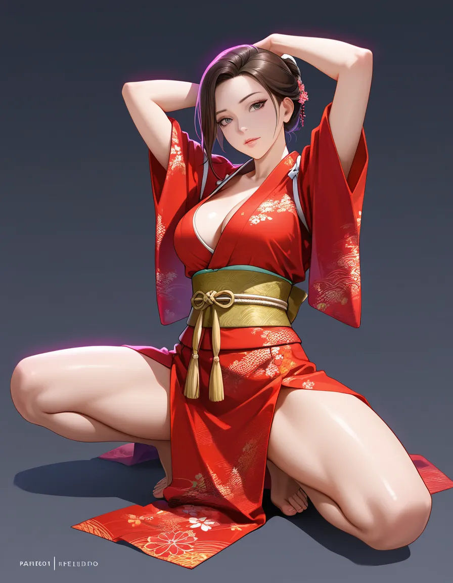 best quality, hyperrealistic, brunette woman, arms up, japanese clothes, spread legs, simple background, neon glow, lifelike render, hentai_studio_quality