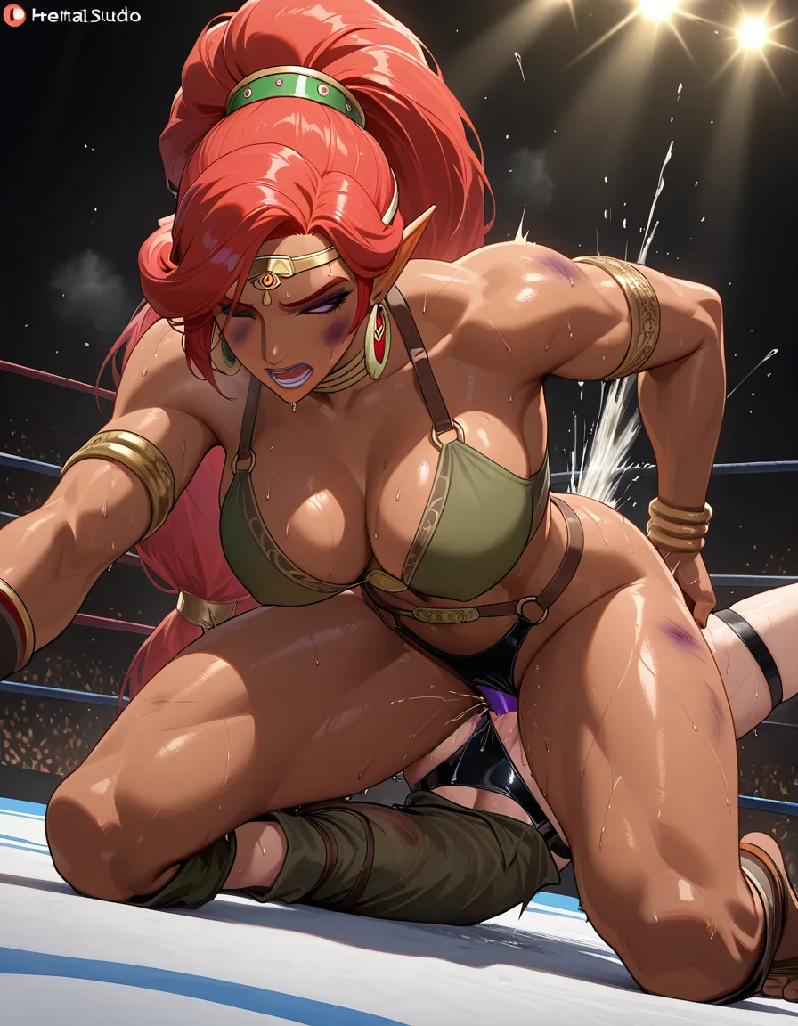 Marika_(elden_ring) , urbosa , 2girls yuri sex , wrestling_ring, wrestling orgasm pussy_juice, defeated, squirting , bruised, sweat vaginal strap-on vaginal, hentai_studio_quality