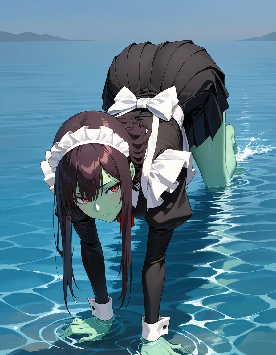 masterpiece, fine detail, maid, colored skin, pleated skirt, on all fours, water, anime style, hentai_studio_quality