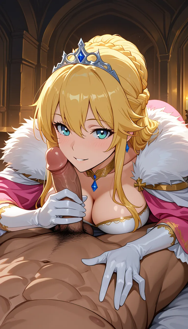 masterpiece, clean art, princess, gloves, presenting, over the shoulder, doujin style,handjob, hentai_studio_quality