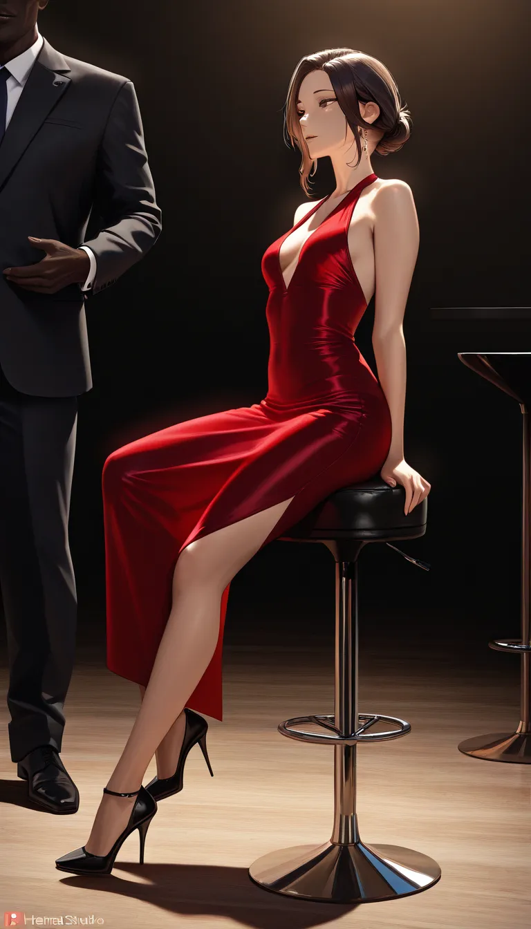 Fancy bar. Beautiful mature brunette with small breasts and hair in bun, wearing red cocktail dress and black heels, riding a trim dark-skinned man sitting on a barstool and wearing a business suit. She orgasms and writhes in pleasure. photorealistic, detailed skin, low indoor lighting, full body