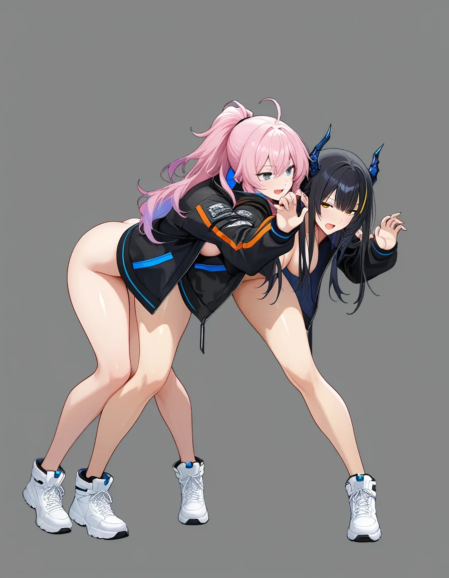highres, vivid, multiple girls, white footwear, open clothes, doggy style, transparent background, eroge aesthetic, hentai_studio_quality