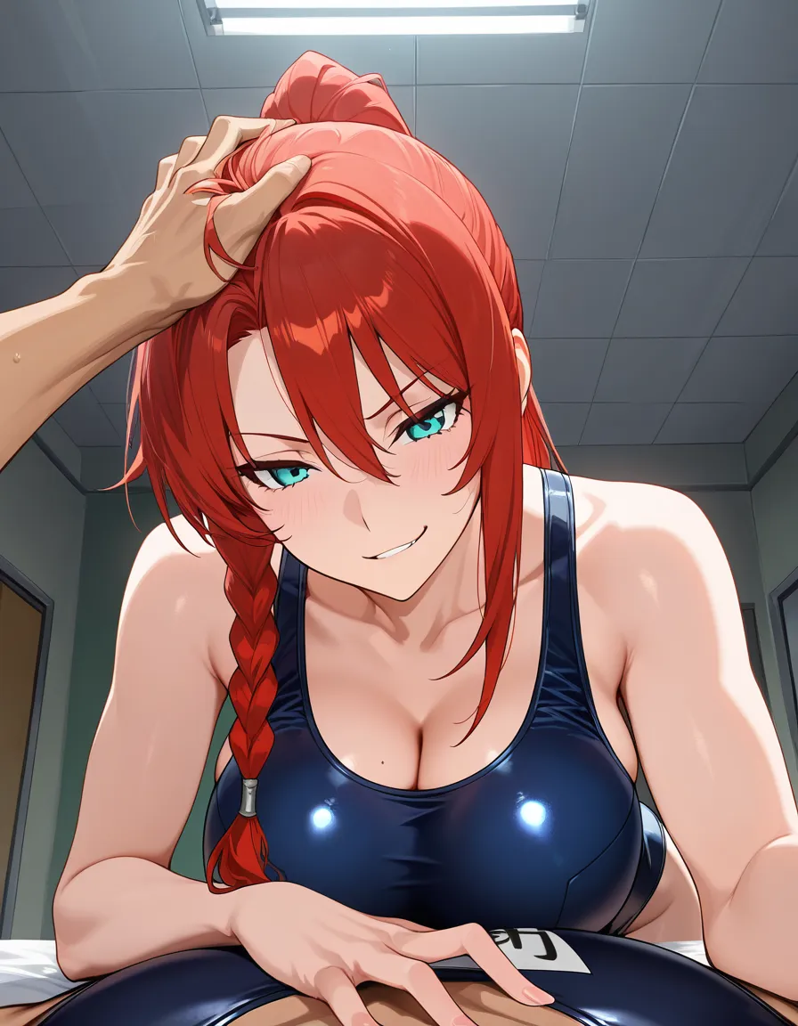 full_body , school_swimsuit , red_hair , tall female, looking_down , aqua_eyes , curvy , smirk, short_hair , braided_ponytail, hand_on_another's_head, pov, hentai_studio_quality
