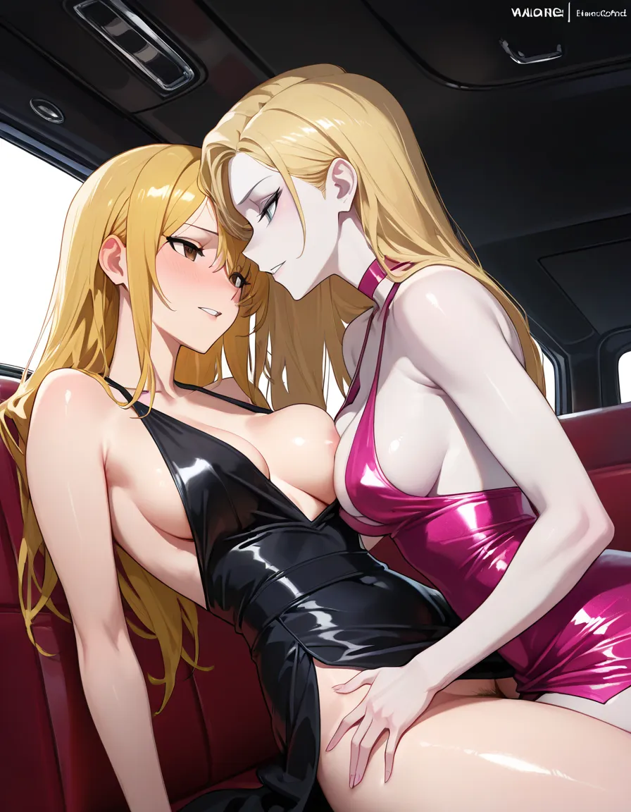 masterpiece, fine detail, shiny_skin, best quality, 2girls, lesbian sex, yuri, two beautiful girls having lesbian sex in the back of a limousine, one girl is blonde with pale skin and blue eyes, pink_dress, one_breast_out, the other girl is a redhead with pale skin and brown eyes, black_dress, breasts_out, pussy_juice, fingering, hentai_studio_quality