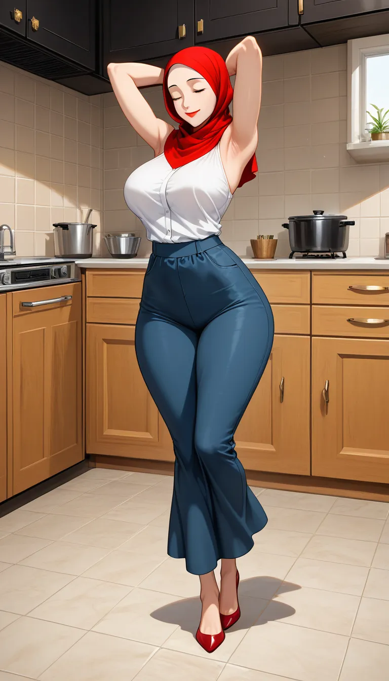 mother, armpit, hijab, closed eyes, kitchen,full body, happy, sleeveless shirt, high graphic, closed mouth,red lips, big hips,, hentai_studio_quality