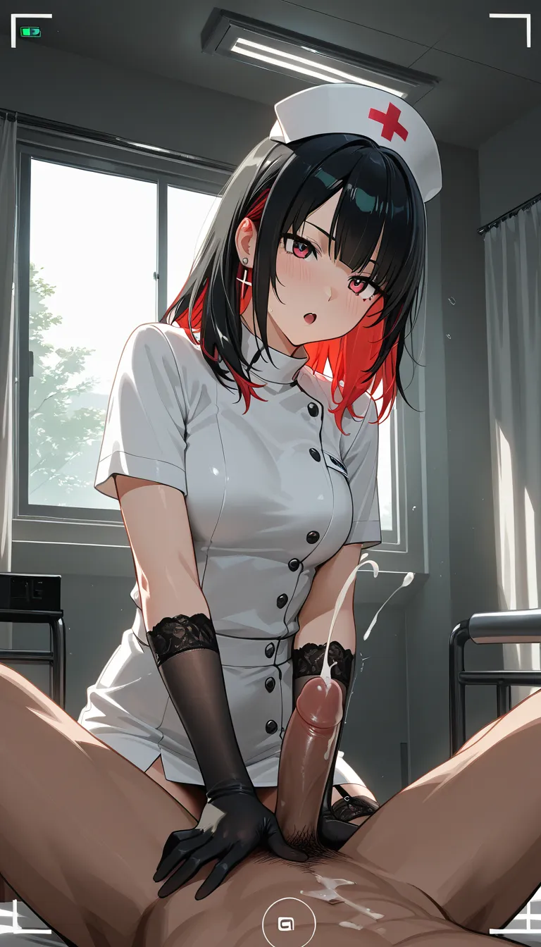 cinematic photo, 8k, nurse, two-tone hair, black gloves, cumshot, window light, studio photo
