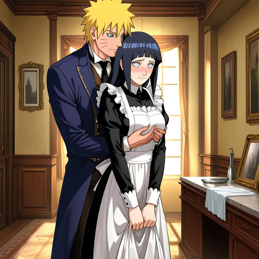 Naruto Uzumaki, standing, grabbing_from_behind, Victorian suit, @hyuuga_hinata, long_hair, Victorian Maid, embarrassed, standing, open_clothes, cleaning, Victorian room, hentai_studio_quality