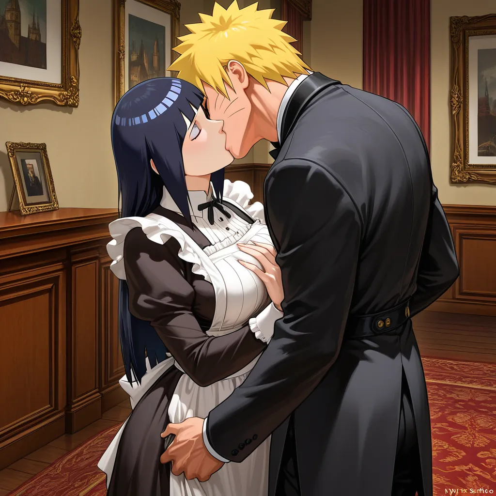 Naruto Uzumaki, standing, grabbing_another's_breast, Victorian suit, @hyuuga_hinata, long_hair, Victorian Maid, kiss, standing, Victorian room, hentai_studio_quality