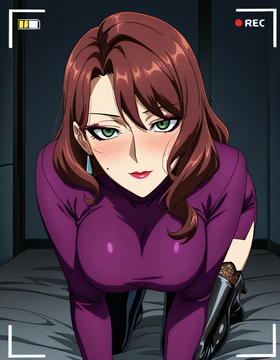 ultra detailed, mature woman with striking green eyes, looking directly at the camera. She has dark, slightly wavy hair framing her face and subtle makeup enhancing her features, with a touch of blush on her cheeks. 
fitness milf, thigh boots, dress, on all fours, mysterious vibe, anime style, hentai_studio_quality