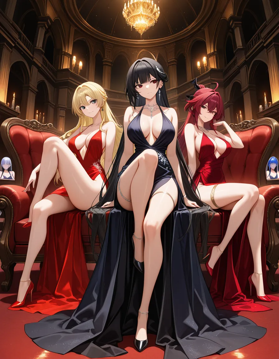 ultra detailed shading, 6+girls, evening gown, leg up, eroge aesthetic, hentai_studio_quality