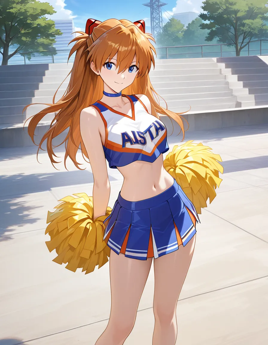 /masterpiece /ultra_detailed /highres @souryuu_asuka_langley #cheerleader #crop_top #pleated_skirt #outdoors #standing #smile, hentai_studio_quality