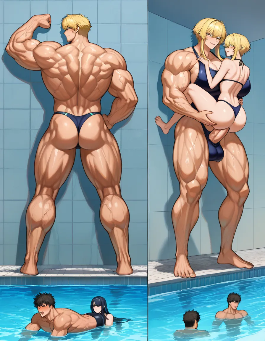 Giant muscular_female, petite male stubble, adults, extreme size_difference, huge height_difference, female fucking male, forceful penetration, femdom, female blonde_hair short_hair_with_long_locks , swimwear, pool, cornered male pinned against_wall, muscle comparison, female carrying male, male legs_up, assertive_female, intimate, teasing, dominant female looking_at_another, male hands_up, nervous blush male looking_up , female leaning_forward, breast_press, male black medium_hair, female abs, female big biceps, female big shoulders, female thick_thighs, female huge_ass, female wide_hips, huge_breasts, gigantic tall female, bulging nipples, male bulge, male narrow_waist, lightweight male, domination, eye_contact, aged_up, hentai_studio_quality