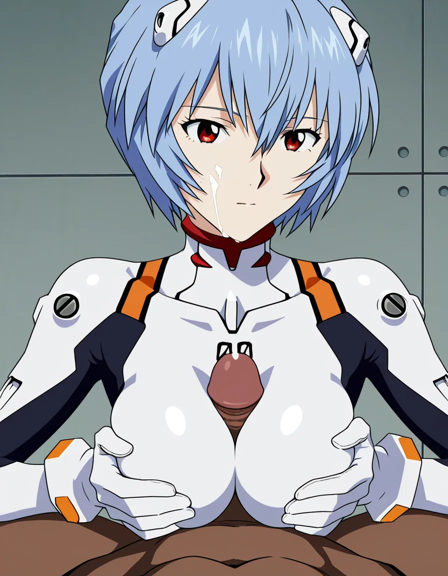 @ayanami_rei, white_skin, bodysuit, interracial, paizuri, facial, BREAK 1 male, dark_skin, (anime style:1.3), 2d, anime screencap, cel shading, flat color