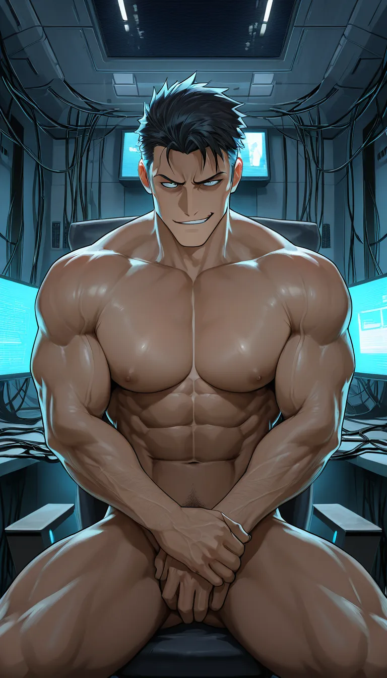 a dominant looking man sitting in front of many surveillance monitors, screens displaying various muscular male residents of an apartment building in explicit sexual acts, some men naked and playing with themselves, others being used, the man watching with a smirk, dim lighting, control room, cables, detailed face, nsfw, hentai_studio_quality