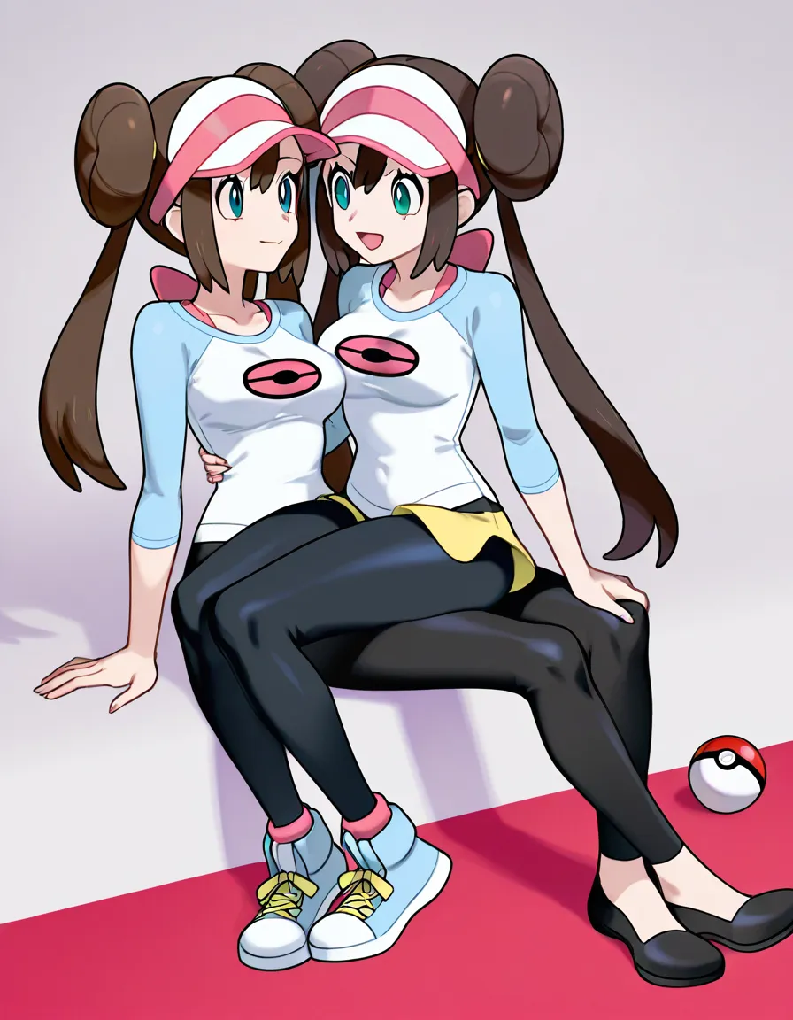 rosa_(pokemon)

 Rosa in a white shirt with sky blue sleeves and a pink pokeball logo on the middle of her chest on the white t shirt. Wearing black tight ankle high leggings and black flats. sittiting on another girls lap. sitting_on_person, looking_at_another. As the other girl grabs Rosa's massive ass through her tight dark ankle high leggings. grabbing_another's_ass. While they kiss. french_kiss, hentai_studio_quality