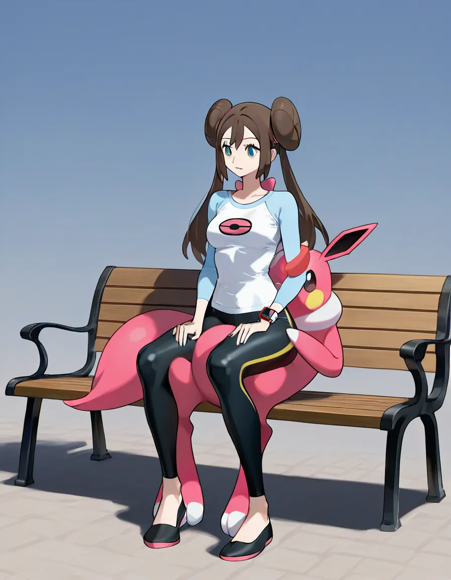 rosa_(pokemon) Rosa in a white shirt with sky blue sleeves and a pink pokeball logo on the middle of her chest on the white t shirt. Wearing black tight ankle high leggings and black flats. sittiting on another my lap who's sitting on a bench. sitting_on_person, looking_at_another. As I grab Rosa's massive ass through her tight dark ankle high leggings. grabbing_another's_ass., hentai_studio_quality