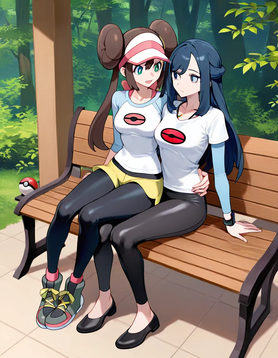 rosa_(pokemon) rosa in a white shirt blue sleeves and a pink pokeball logo on the middle of her chest on the white t shirt. Wearing black tight ankle high leggings and black flats. Who's sitting on my lap, while I'm on a bench. sitting_on_person, looking_at_another. As I, a human boy, grab Rosa's massive ass through her tight dark ankle high leggings while she presses her body against mine while facing me. grabbing_another's_ass. As we kiss, while holding the other tightly. french_kiss, looking_at_another. As she has her hands around my neck. hug, hentai_studio_quality