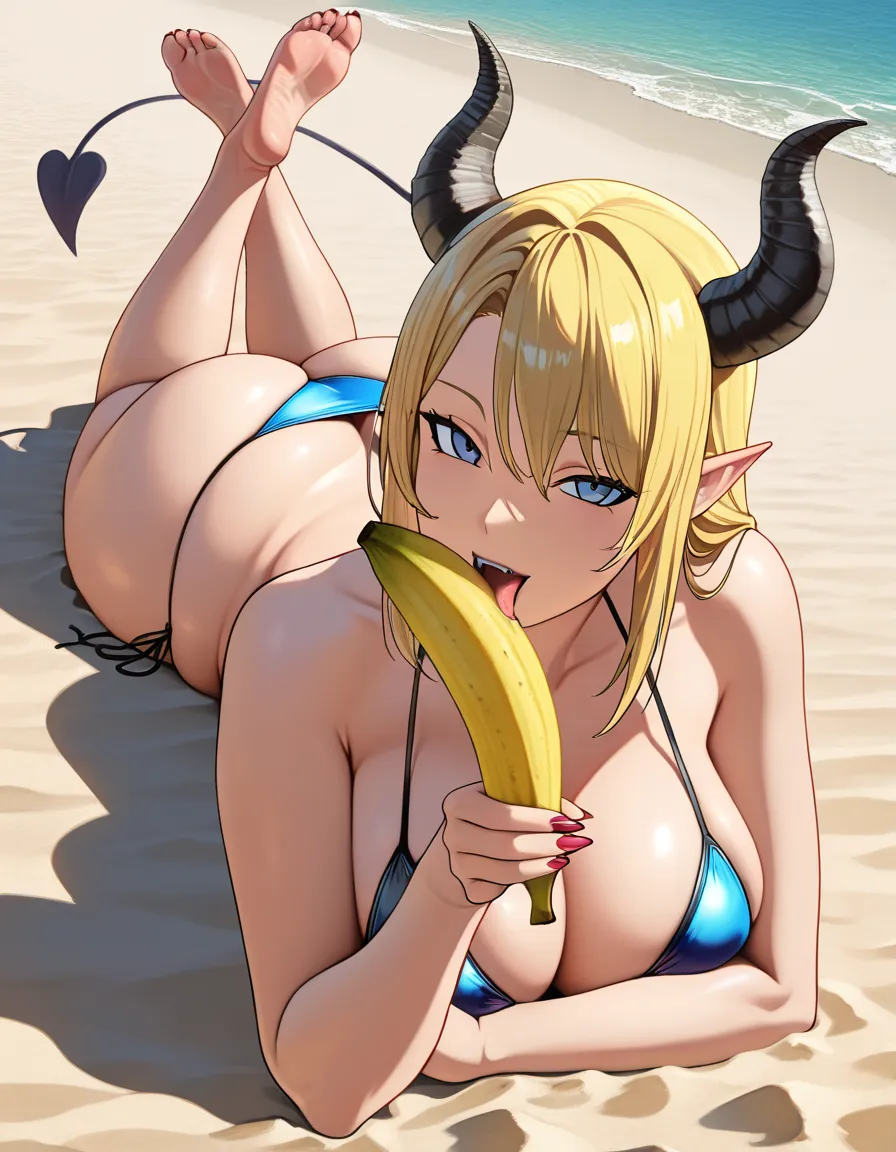 ultra detailed shading, curvy chubby, voluptous body, mature_female, succubus, micro_bikini , beach, hentai_studio_quality, blonde_hair, on_stomach on sand, feet up crossed hentai_studio_quality, licking seductevely a banana, hentai_studio_quality