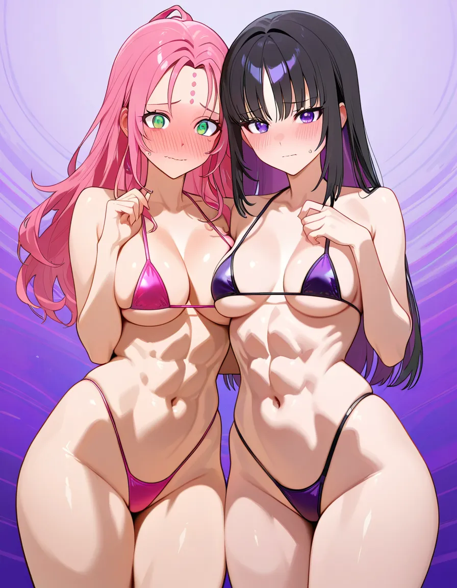Kiara, (full tan,) absurdres, highres, (nervous blush,) (black micro_bikini, highleg_panties, thong, string_bikini, micro_triangle bikini top) athletic physique, abs, curvy figure (rose pink_hair, medium_hair, straight_hair, exposed forehead, hair_behind_ear) royal purple_eyes, (straight-on, full_body, (breasts_touching, small_breasts) (1girl, solo, standing, arms_at_sides, legs_apart), (beach, crashing waves), submissive blush, cleft_of_venus, (anime style:1.3), 2d, anime screencap, cel shading, flat color