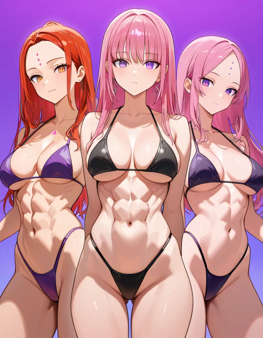 Kiara, (full tan,) masterpiece, highres,  (black micro_bikini, highleg_panties, thong, string_bikini, micro-triangle_bikini_top) athletic physique, abs, (rose pink_hair, medium_hair, straight_hair, forehead exposed, bare forehead, hair_behind_ear) royal purple_eyes, (straight-on, full_body, (small_breasts,) (1girl, solo, standing, arms_at_sides, legs_apart), (beach, crashing waves), cleft_of_venus, partially_visible_vulva, hentai_studio_quality