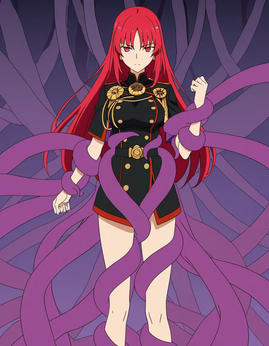 Oda nobunaga fate. Tall. Red hair. long_bangs futa_with_female tentacles wrapping around her., (anime style:1.3), 2d, anime screencap, cel shading, flat color