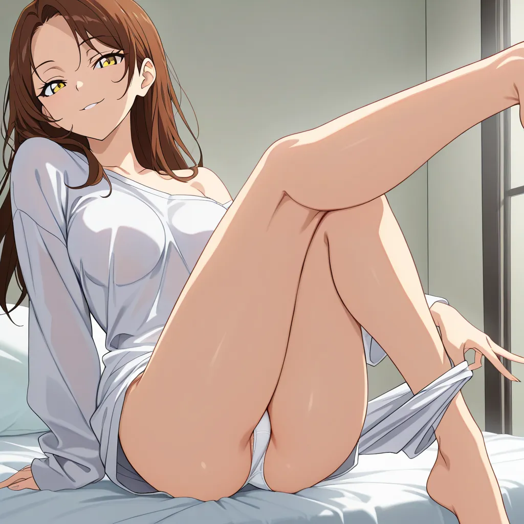masterpiece, best quality, highly detailed, anime style, 1girl, solo, beautiful young woman, medium breasts, slim waist, medium hips, medium ass, long brown hair, yellow eyes, seductive smile, looking at viewer, sitting on bed, one leg raised high, other leg bent, loose sleepwear top, oversized pajama shirt, thin white panties pulled aside, hand spreading pussy, detailed pussy, very wet pussy, pussy juice, dripping wet, glossy skin, bedroom background, soft lighting, highly detailed skin, erotic atmosphere, teasing pose, inviting gaze, (anime style:1.3), 2d, anime screencap, cel shading, flat color