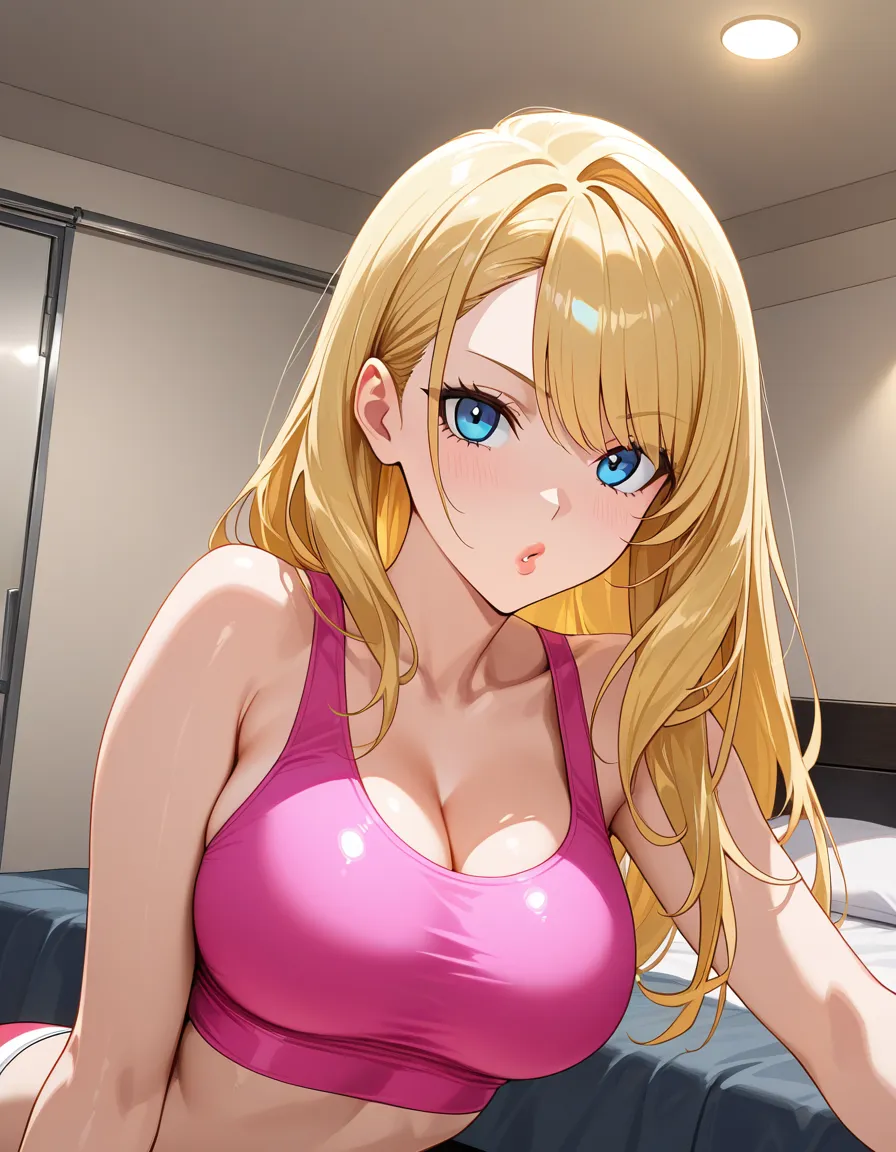 Long blonde hair, blue eyes, huge giant fake filled bimbo lips, pink crop top,, hentai_studio_quality