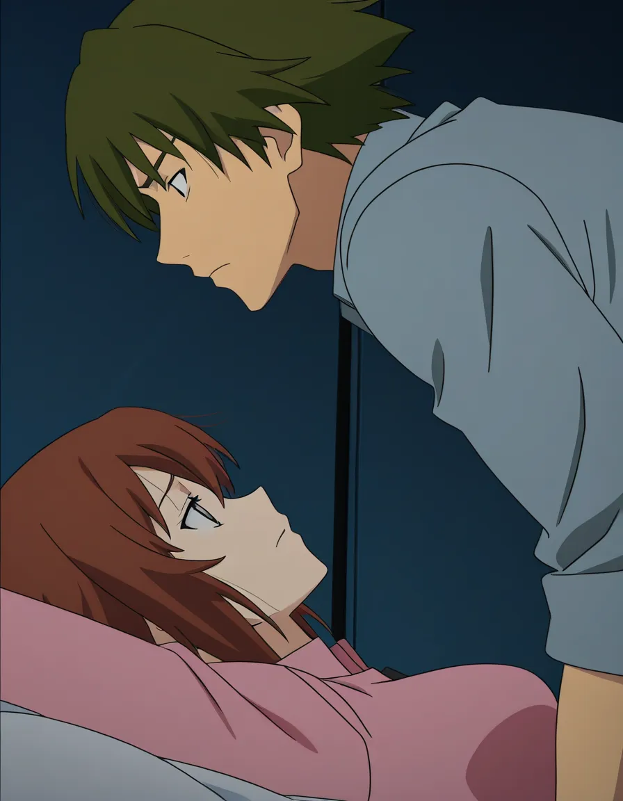 Soldier_girl, 1boy, 1girl, brown_hair , missionary ,dominant_girl,(anime style:1.3), 2d, anime screencap, cel shading, flat color, (anime style:1.3), 2d, anime screencap, cel shading, flat color, (anime style:1.3), 2d, anime screencap, cel shading, flat color