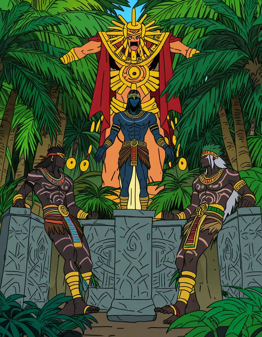 9boys, ancient aztec gay sex ritual on stone idol, jungle, daylight, (anime style:1.3), 2d, anime screencap, cel shading, flat color, @00osamio00
