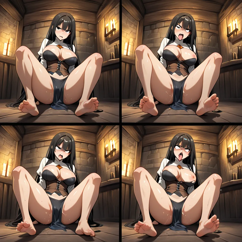 masterpiece, best quality, soft cel shading, comic, visual hentai storyline, each panel has a different sex positions, angry at first panel, rough sex, expressive, exaggerated and extreme ahegao , medieval village inn room setting, torn clothes, bouncing_breasts, barefoot, feet soles visible on some panels, vaginal, full body, lactation,  Professional hentai studio quality, anime screencap, bare legs, curly_hair, drool