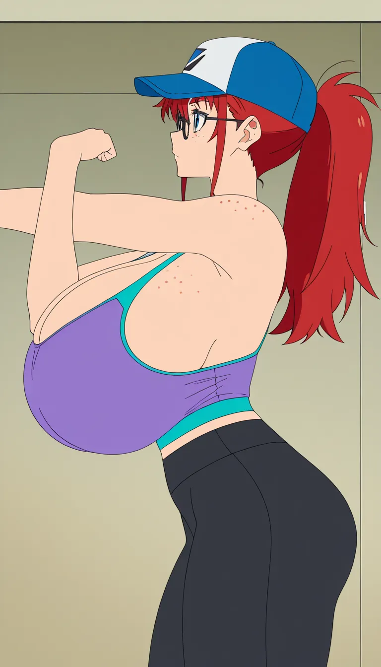 Enormous_breasts, red_hair, sports_bra, yoga_pants, baseball_cap, freckles, ponytail, stretching, glasses, sideboob,, (anime style:1.3), 2d, anime screencap, cel shading, flat color, @00osamio00