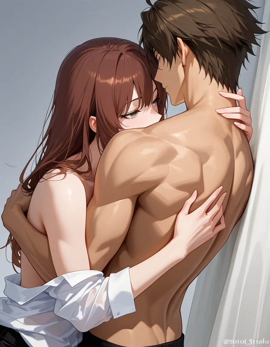 studio quality, sharp focus, couple, brown hair, white shirt, topless, dslr quality, hentai_studio_quality