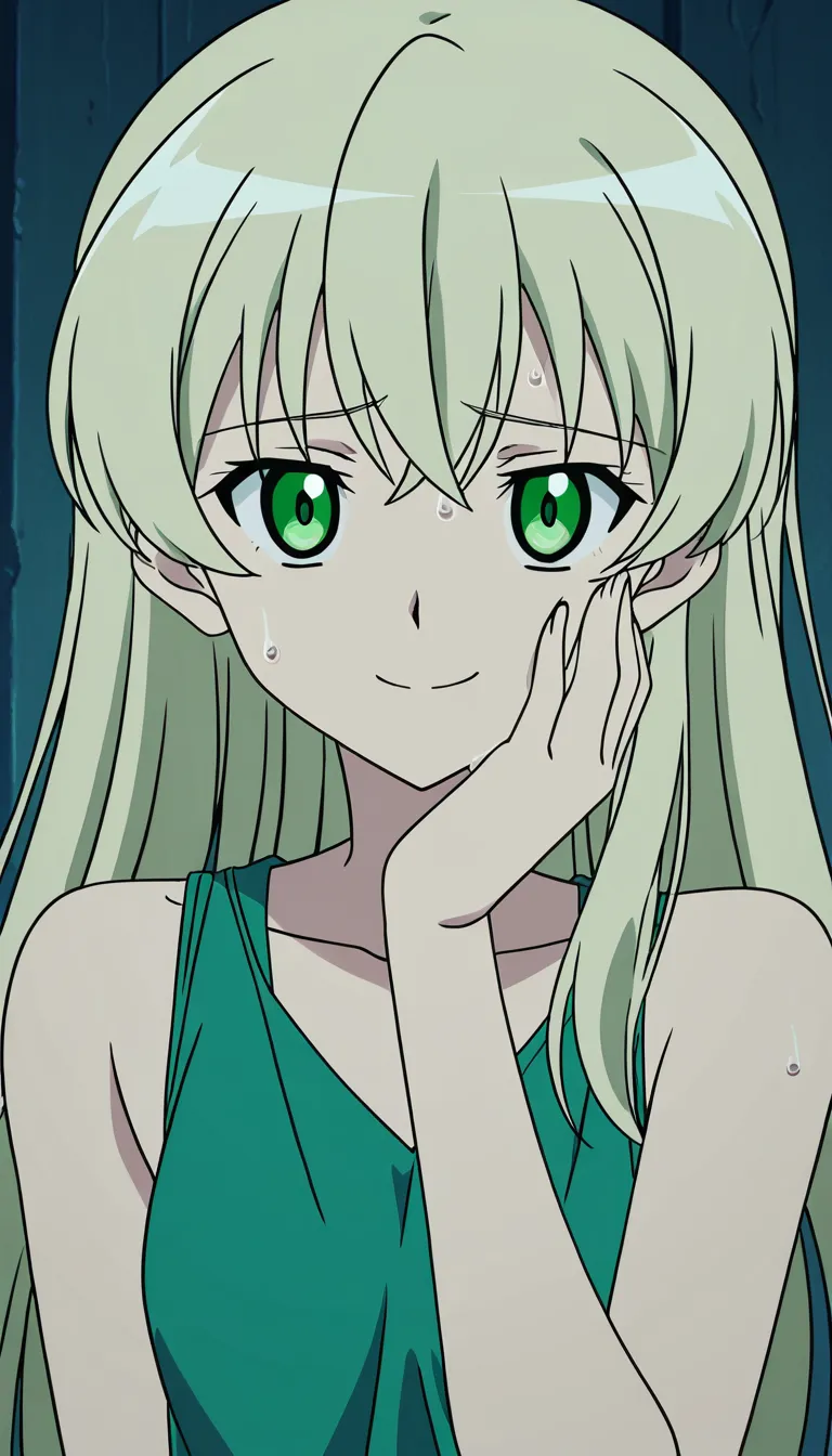 A high-quality anime-style illustration of a young woman with long, flowing platinum blonde hair and vibrant emerald green eyes. She has a soft, slightly flushed expression with a gentle smile and a single sweat drop on her cheek, suggesting warmth or exertion. Her pose is relaxed yet confident: both arms are raised behind her head, elbows out, accentuating her curvaceous figure. She wears a tight, plain white crew-neck t-shirt that clings to her torso, paired with dark blue denim shorts featuring white piping along the hem. The lighting is soft and directional, casting subtle highlights on her skin and clothing, emphasizing volume and texture. The background is a minimalist indoor setting — a black leather sofa to the left, a white cabinet or counter to the right, and light wood flooring. The composition is a medium shot, centered on the subject, with shallow depth of field blurring the background slightly. Rendered in clean, polished digital anime art style with smooth shading, detailed fabric folds, and realistic skin gloss. Ideal for character design or lifestyle illustrations.
She slowly sundress herself