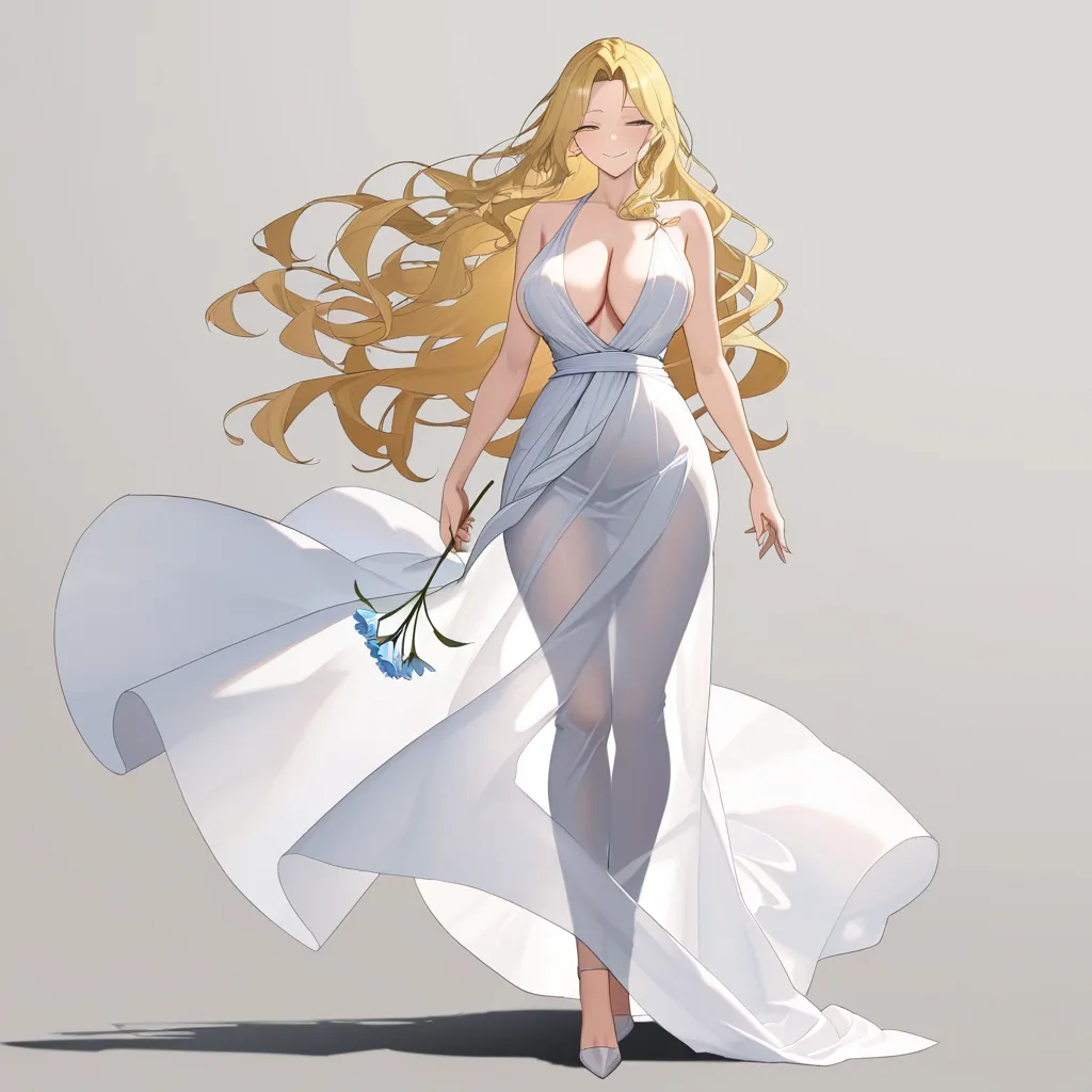 masterpiece, best quality, ultra-detailed, 8k uhd, anime style, 1girl, mature female, milf, beautiful detailed face, seductive smile, half-closed eyes, long blonde hair, wavy hair, hair flowing in wind, standing, full body, white dress, greek goddess dress, flowing white gown, toga, see-through silhouette, holding flower, white lily, lily stems in both hands, elegant pose, marble pergola, ancient greek architecture, white columns, winding branches, lily leaves, garden background, soft lighting, cinematic composition, depth of field, detailed background, ethereal atmosphere TRQIHENQFNQQKECV, hentai_studio_quality